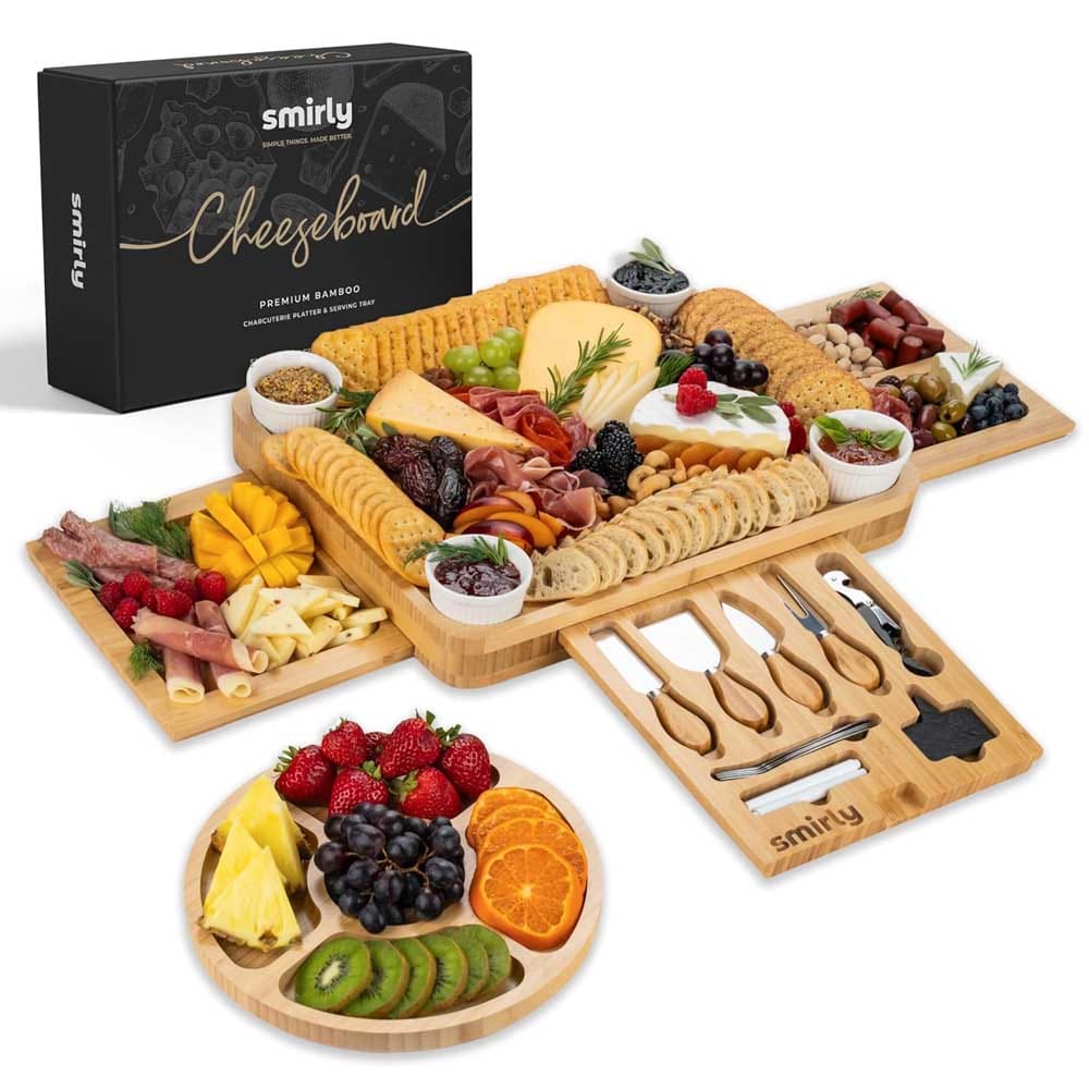 Luxury charcuterie board gift set with cheese knives, serving trays, and compartments — perfect housewarming present for entertaining in style