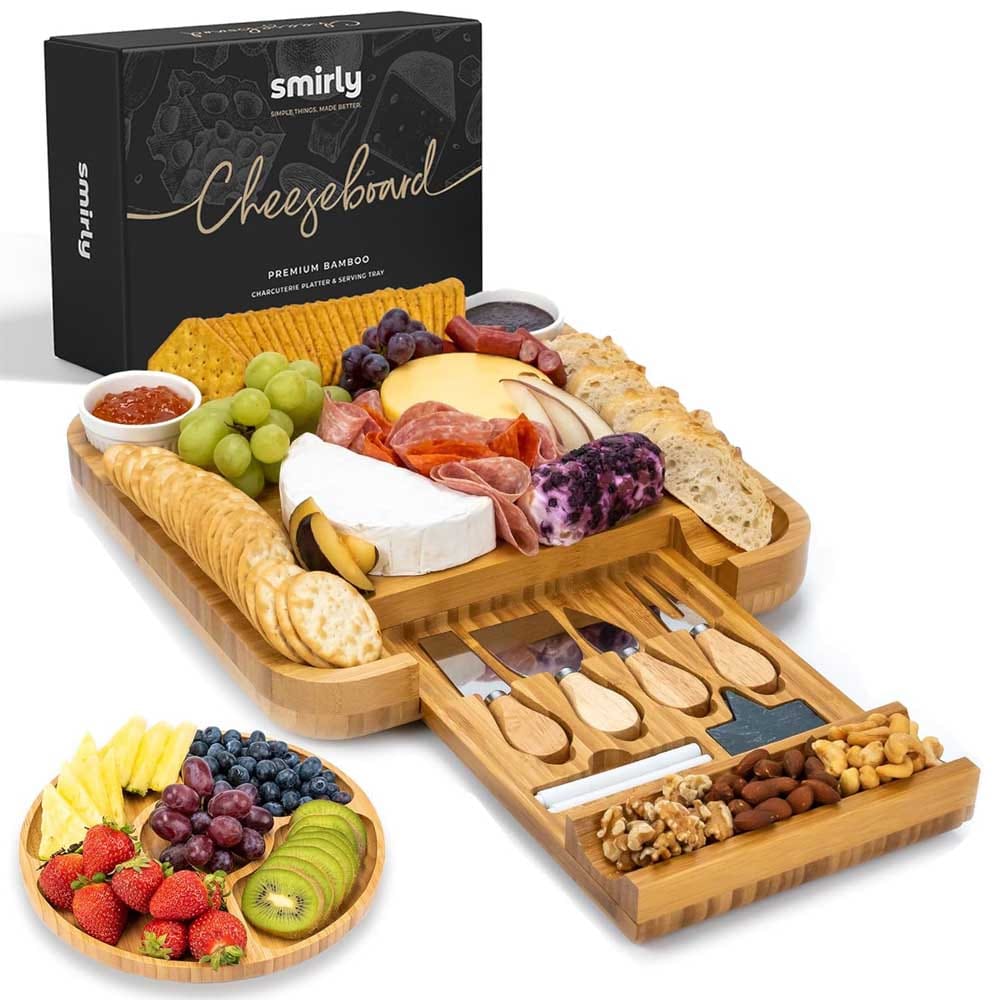 Bamboo charcuterie board gift set with utensils and slate labels — stylish serving tray for moms who love entertaining