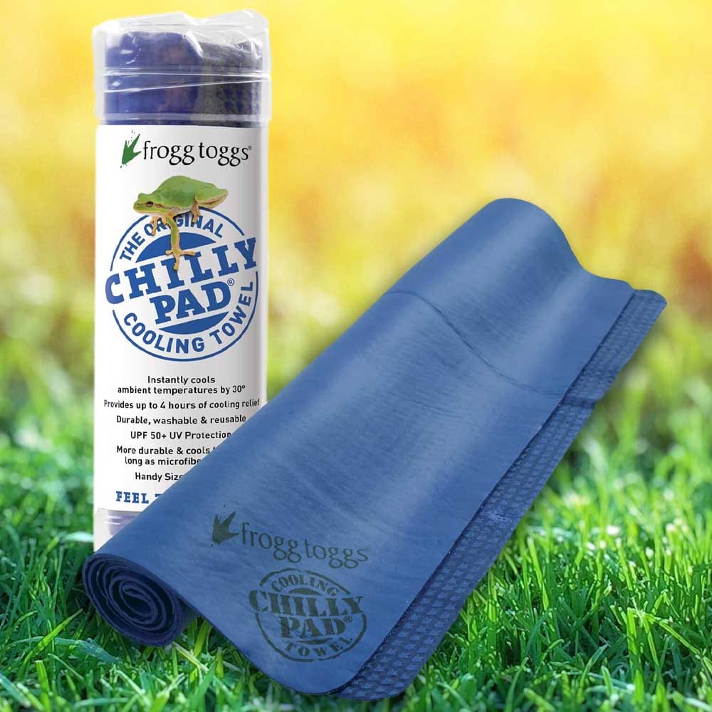 Frogg Toggs Chilly Pad cooling towel folded in blue — a refreshing and reusable gift for dog walkers in hot weather