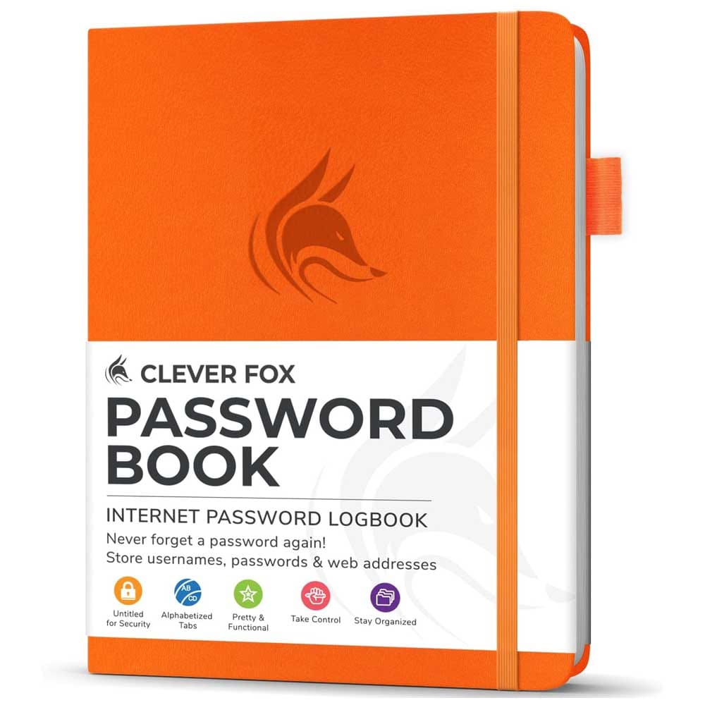 Clever Fox password organizer notebook with alphabetical tabs and eco-leather cover — a practical birthday gift for organized moms