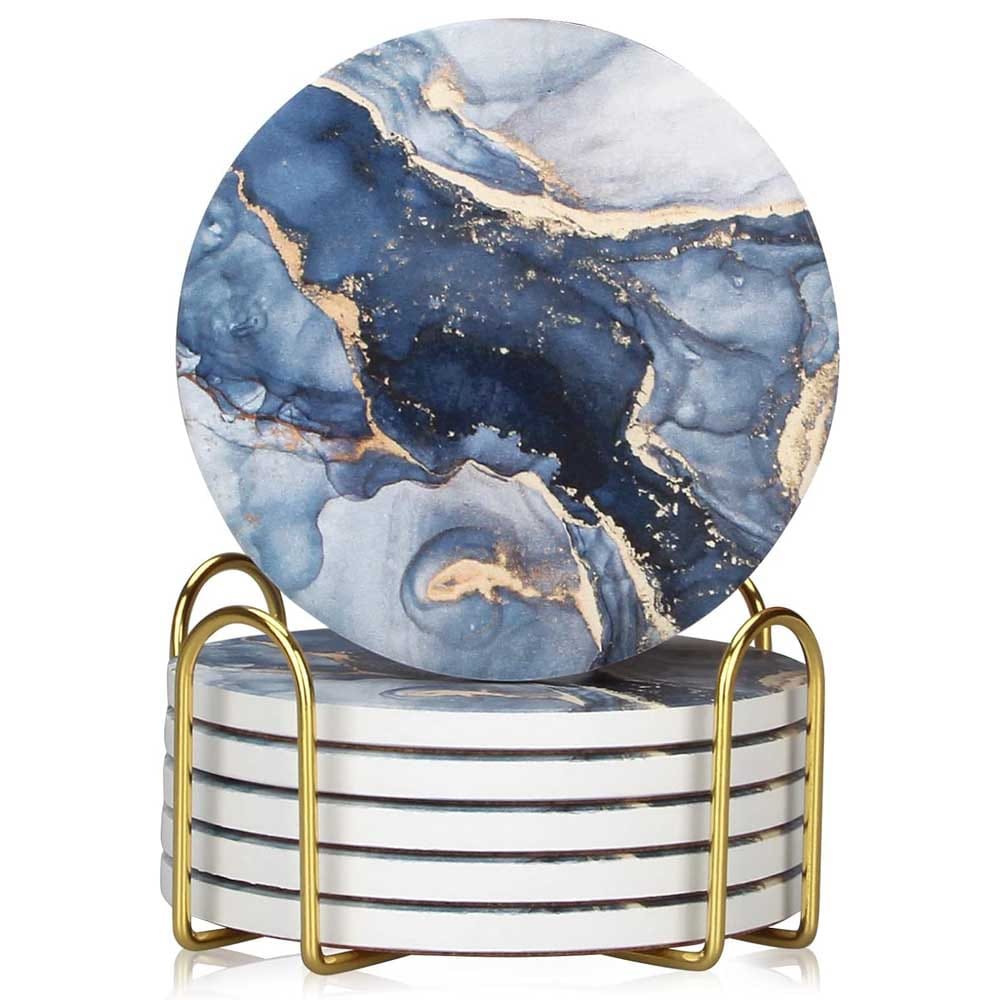 Set of 6 round ceramic coasters with blue marble design and non-slip cork backing — stylish and absorbent housewarming gift for any home