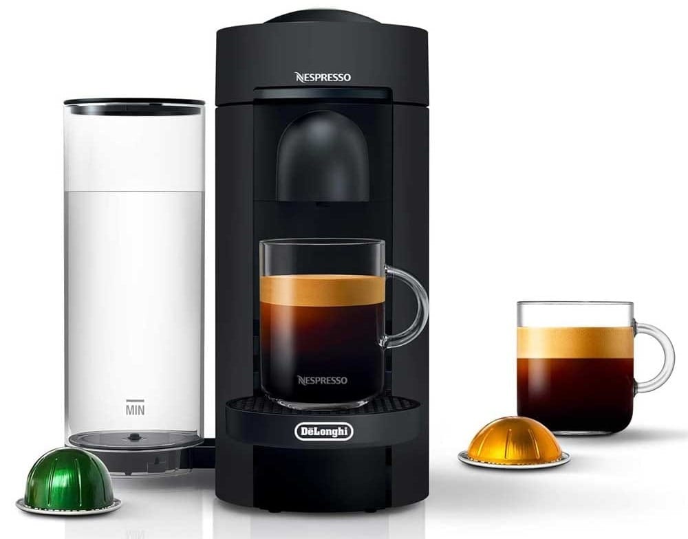 De’Longhi Nespresso VertuoPlus coffee and espresso machine on a kitchen counter — a sleek, easy-to-use gift that elevates Grandpa’s coffee game