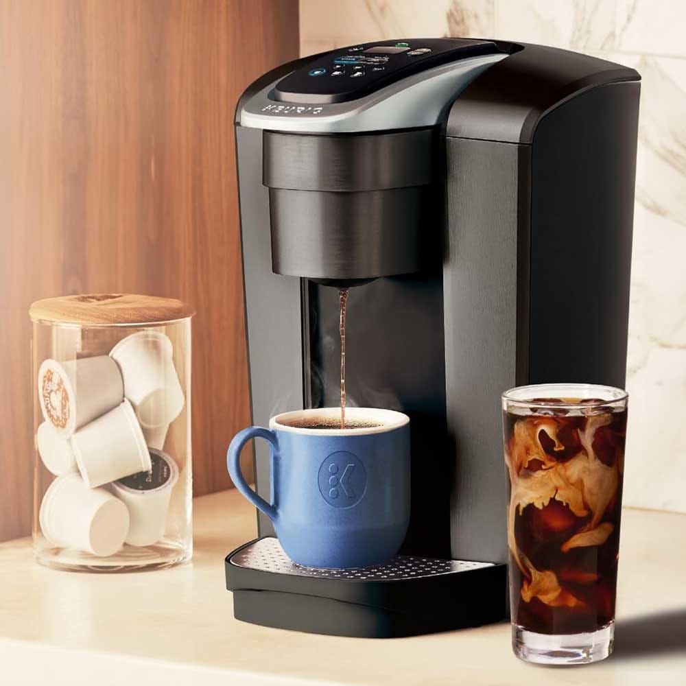 Single-serve Keurig K-Elite coffee maker with brushed finish, iced and strong brew features — perfect engagement gift for coffee-loving couples