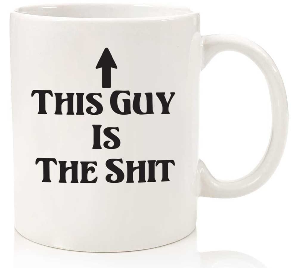 White ceramic coffee mug with bold funny text printed on both sides — dishwasher and microwave safe, 11 oz capacity