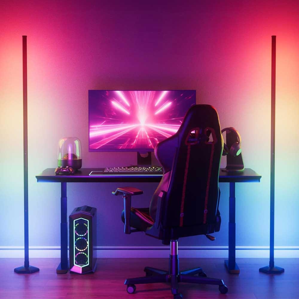 Set of two color changing corner floor lamps with RGB+IC tech, remote, and app control — smart lighting gift for men