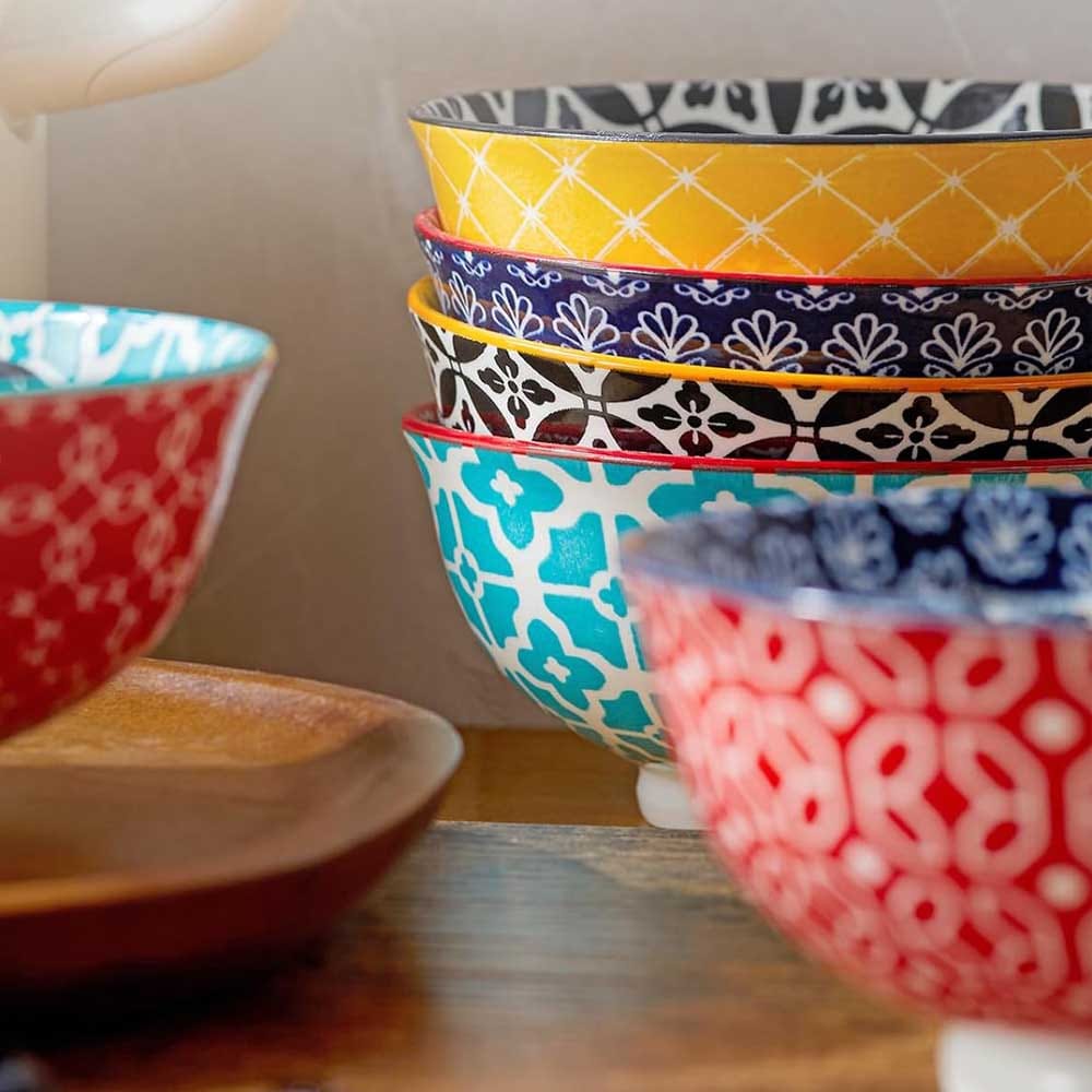 Set of 6 colorful porcelain bowls with geometric patterns — microwave and dishwasher safe, perfect gift for new kitchen or housewarming