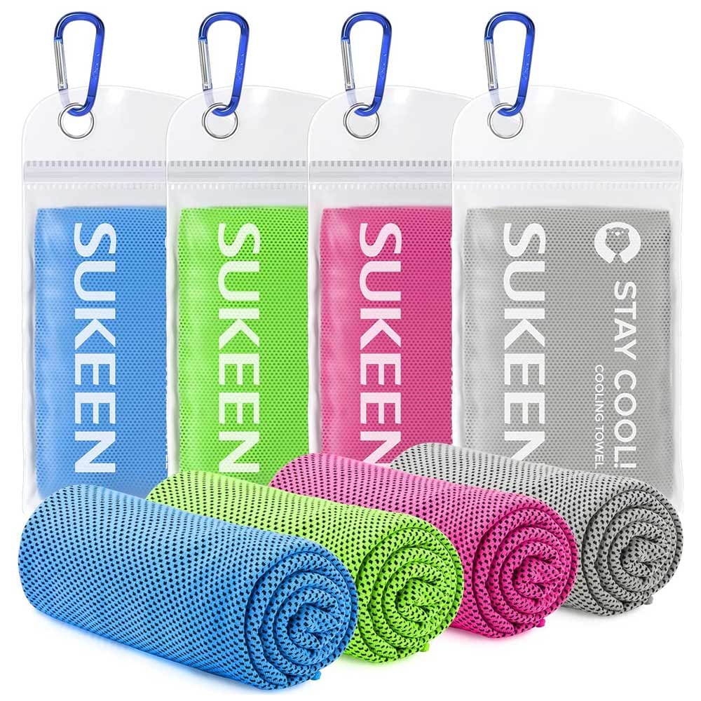 4-pack breathable mesh cooling towels in assorted colors with waterproof carry pouches and carabiners — perfect for summer heat relief