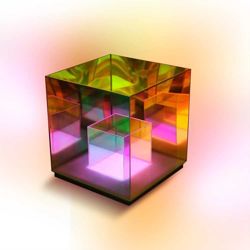 Geometric infinity cube lamp with mirrored panels and LED lights — modern ambient decor for science lovers