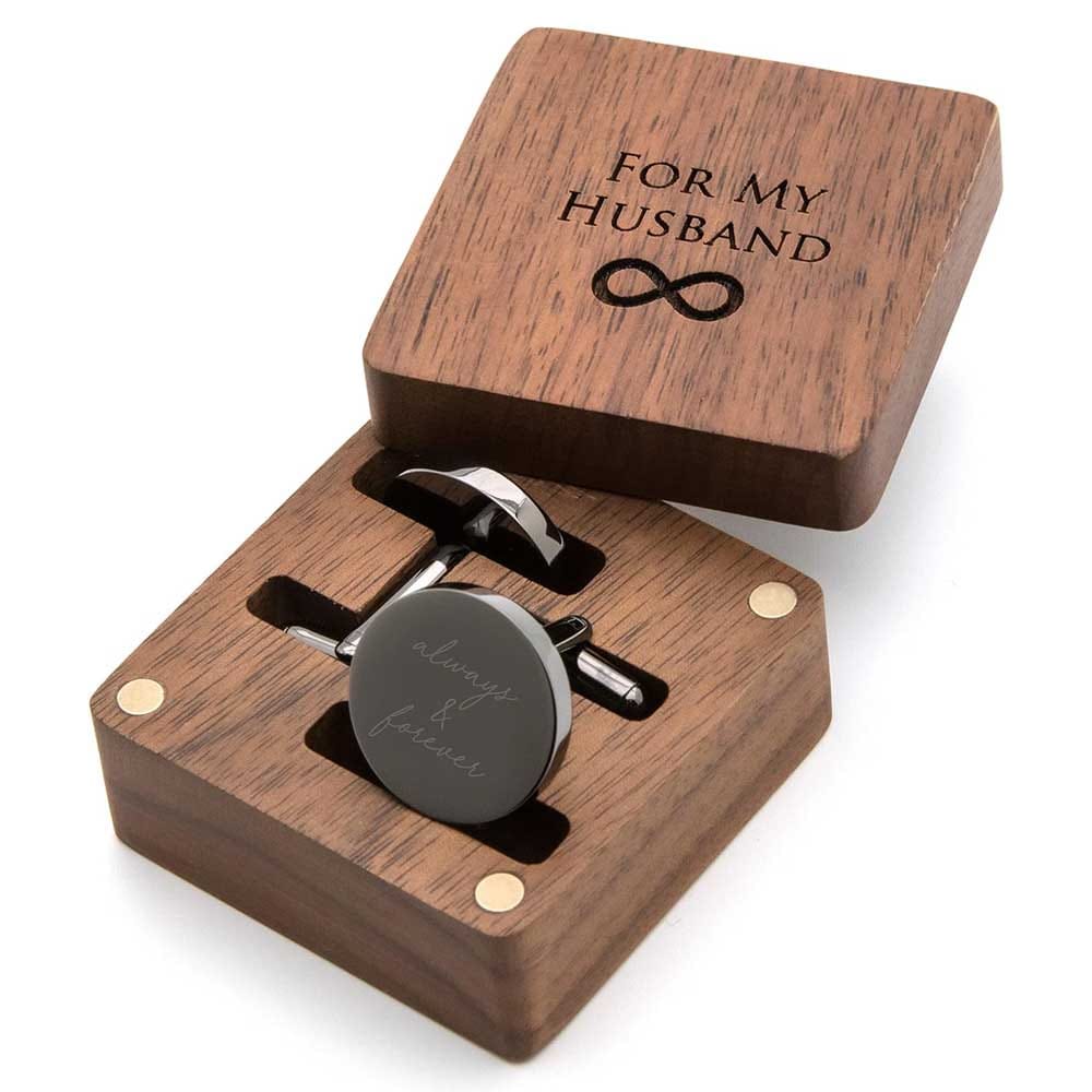 Gunmetal cuff links with “Always & Forever” engraving — elegant anniversary gift for husband in wooden box