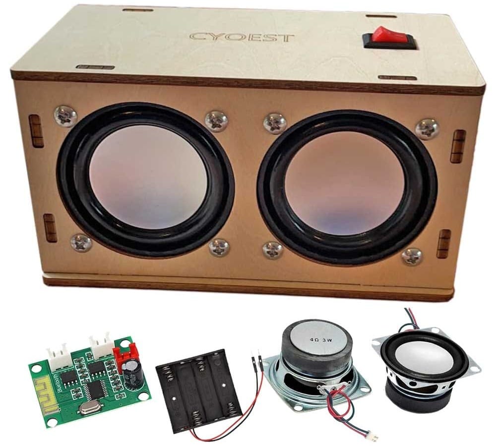DIY Bluetooth speaker kit with laser-cut wooden parts and dual subwoofers — hands-on electronics gift for curious minds