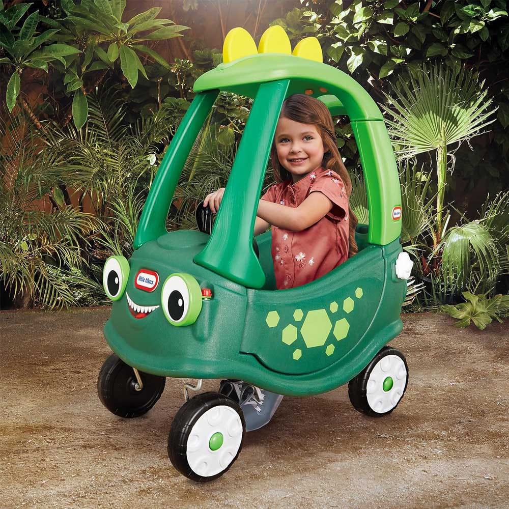 Green dinosaur-themed ride-on toy car for toddlers with parent push handle and rugged wheels — fun and sturdy outdoor play vehicle