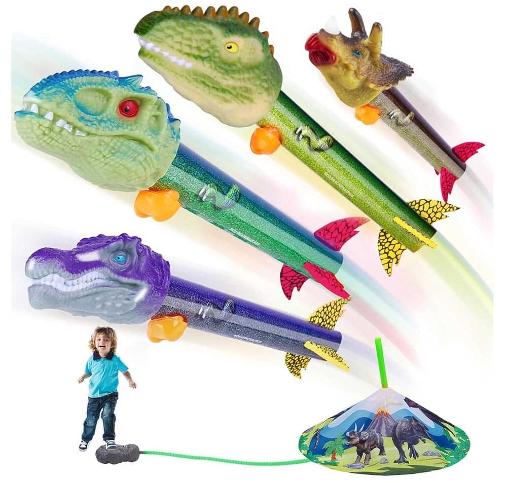 Dinosaur-themed toddler rocket launcher with colorful foam rockets and adjustable angle — outdoor stomp rocket toy for ages 3 and up