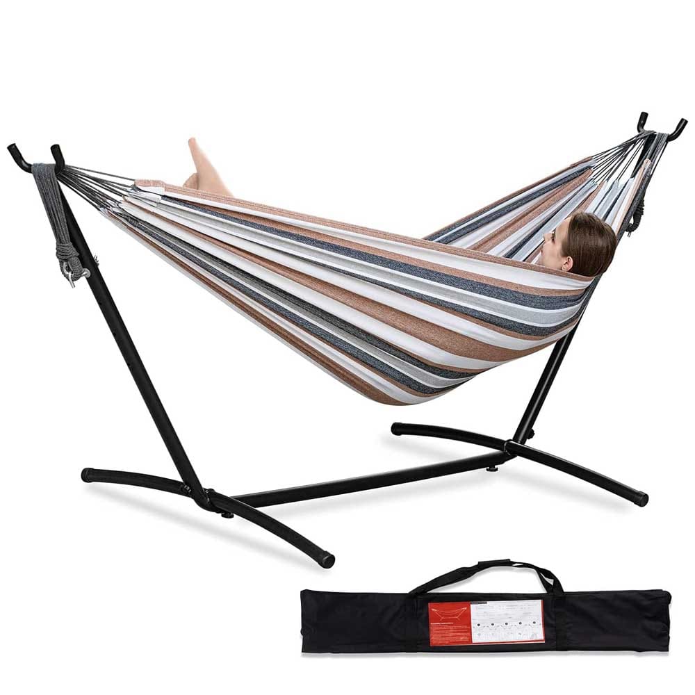 Double hammock with vibrant cotton fabric and heavy-duty steel stand — portable and easy-to-set-up lounging gift for summer relaxation
