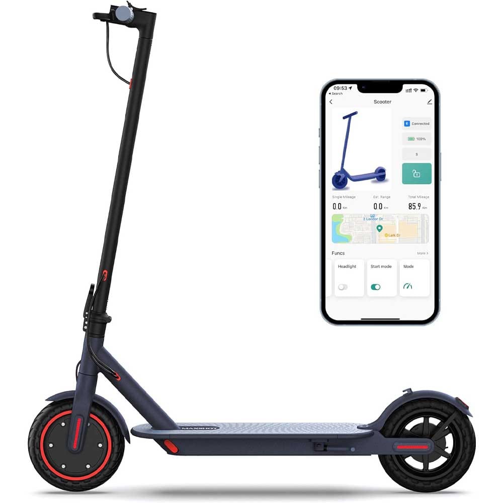 Electric scooter with 21-mile range, dual braking, headlight, and phone app control — sleek and safe ride for adventurous teen boys and girls