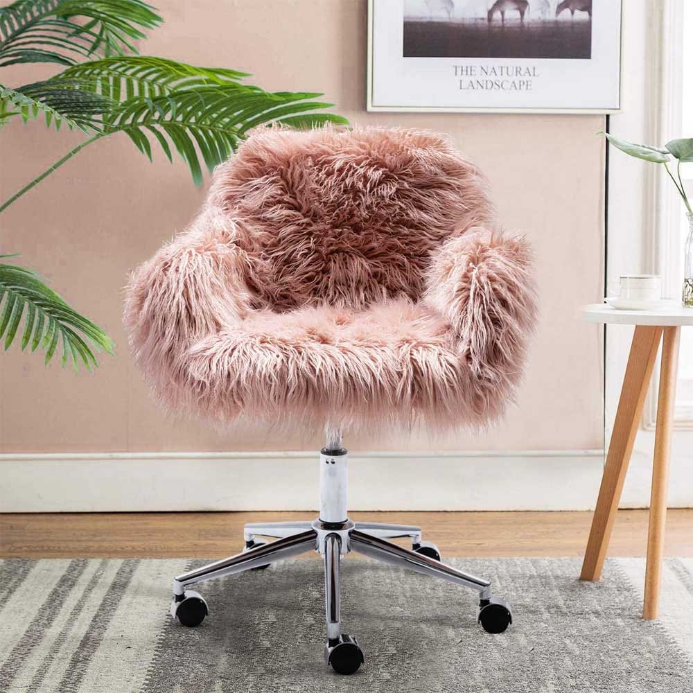 Fluffy pink faux fur desk chair with silver legs and adjustable height — stylish, cozy seating for teen girls’ bedroom or study space