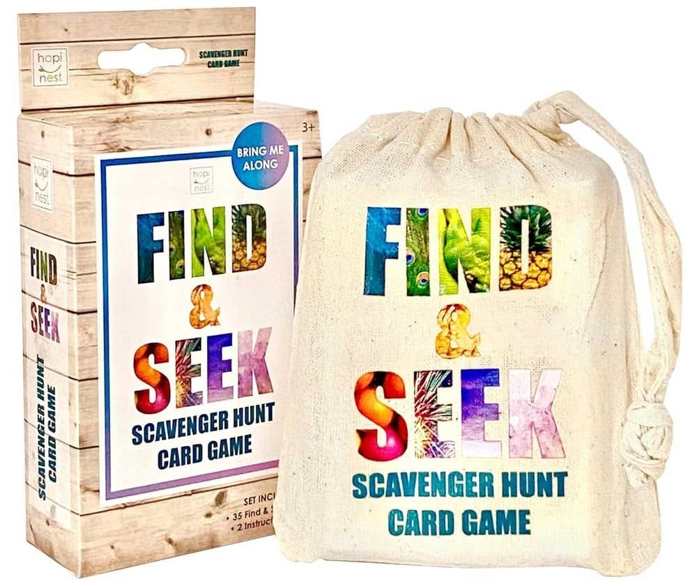 Find and Seek scavenger hunt card game for kids with illustrated prompts and drawstring bag — fun outdoor activity for ages 3 and up