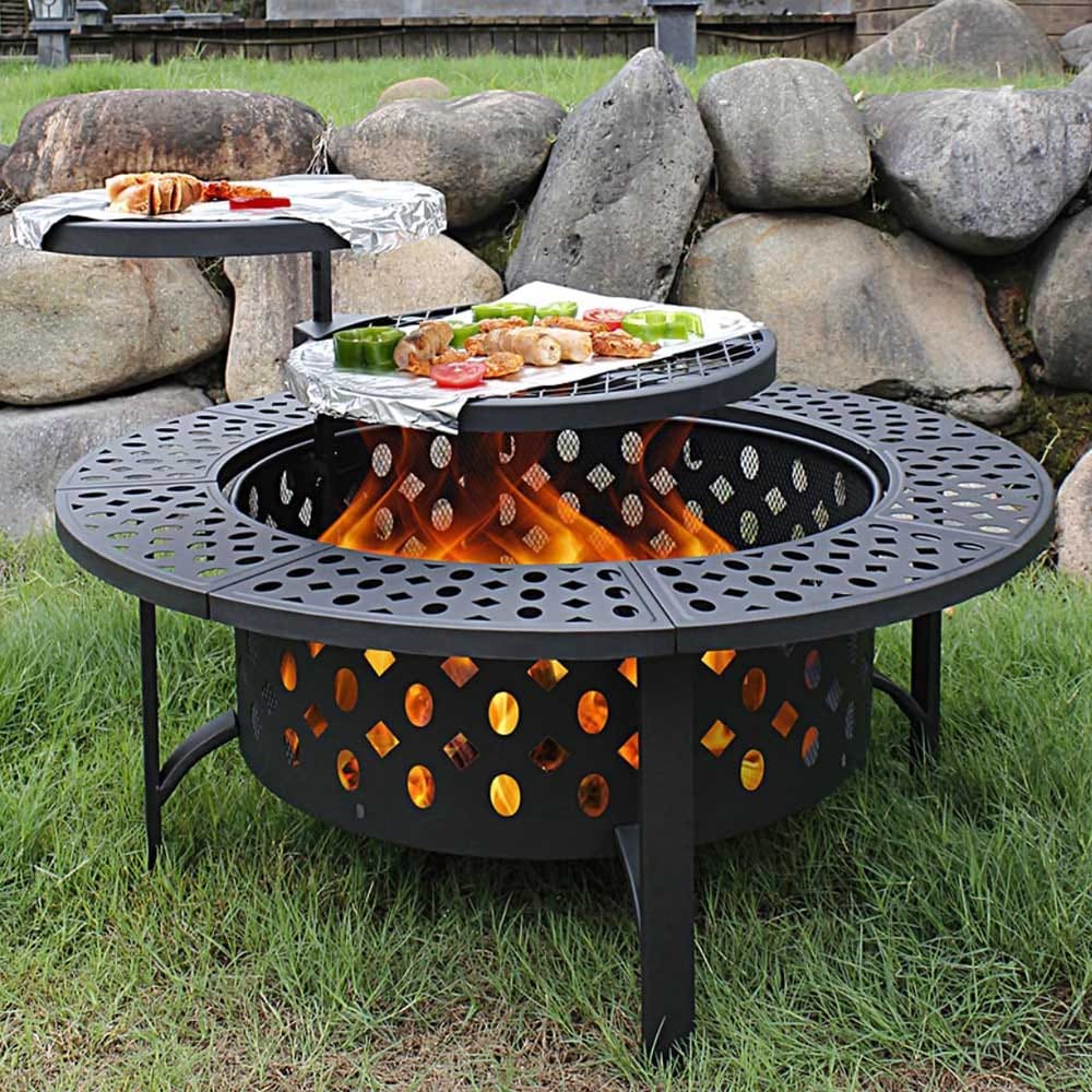 Large 36-inch fire pit with dual swivel grills, geometric design, and rain cover — cozy and practical engagement gift for outdoor-loving couples