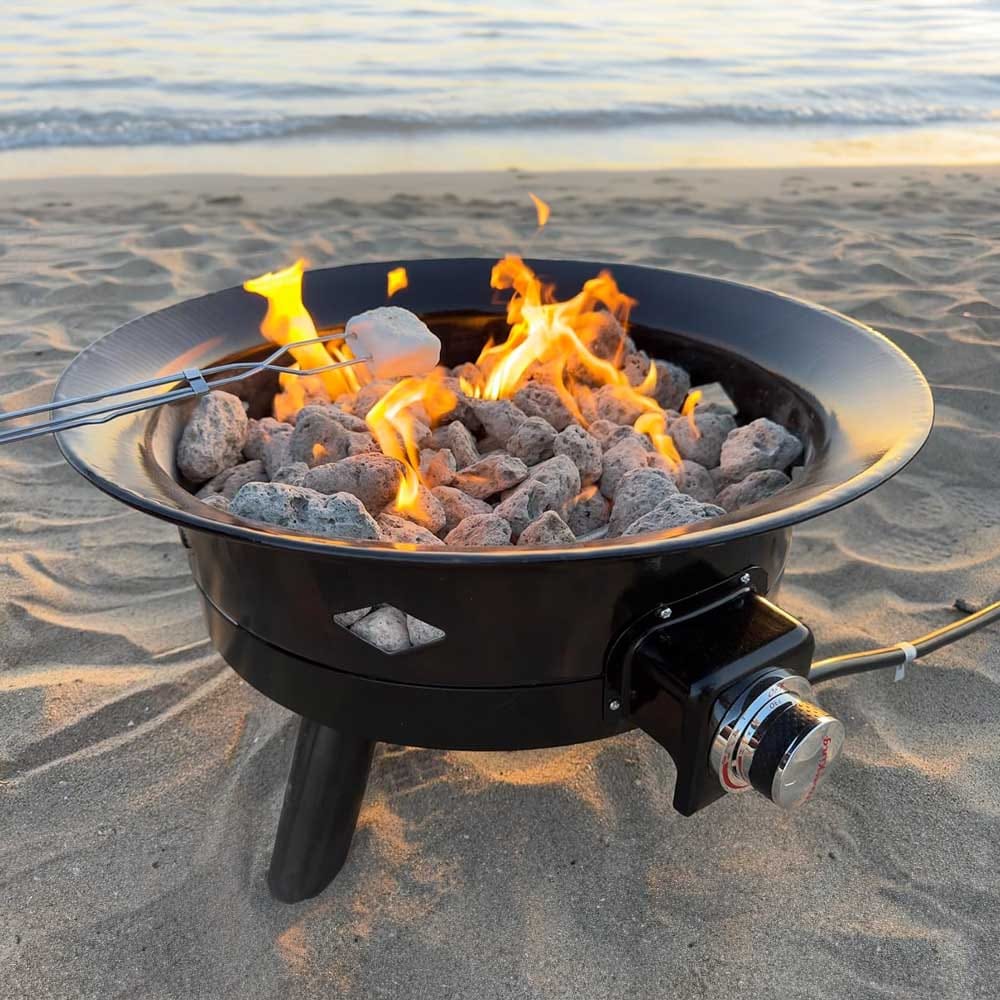 Portable propane fire pit with lava rocks and weatherproof cover — smokeless outdoor campfire for backyard, beach, or camping