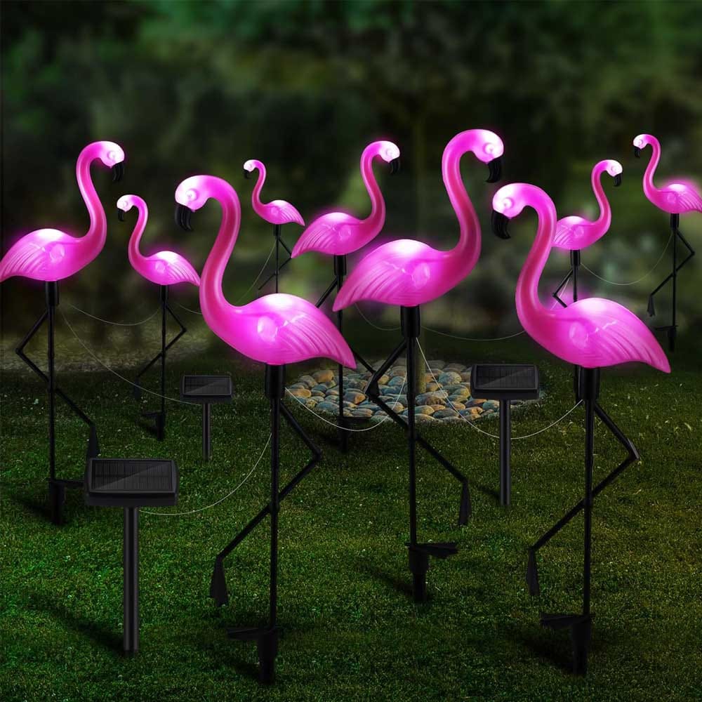 Set of 9 solar-powered pink flamingo garden lights — waterproof outdoor décor lights for pathways, patios, or lawns