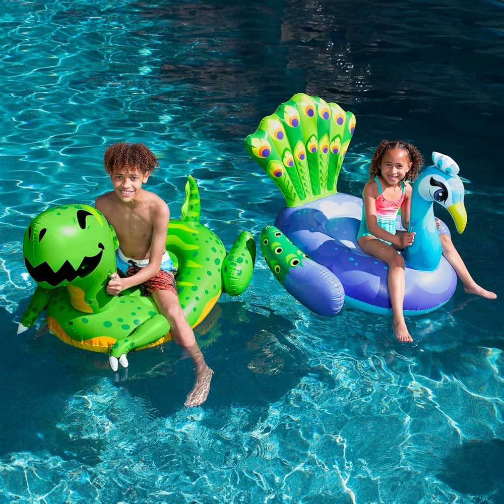 Inflatable pool floaties featuring dinosaur and peacock designs — fun swim toys for kids with safety handles and colorful style