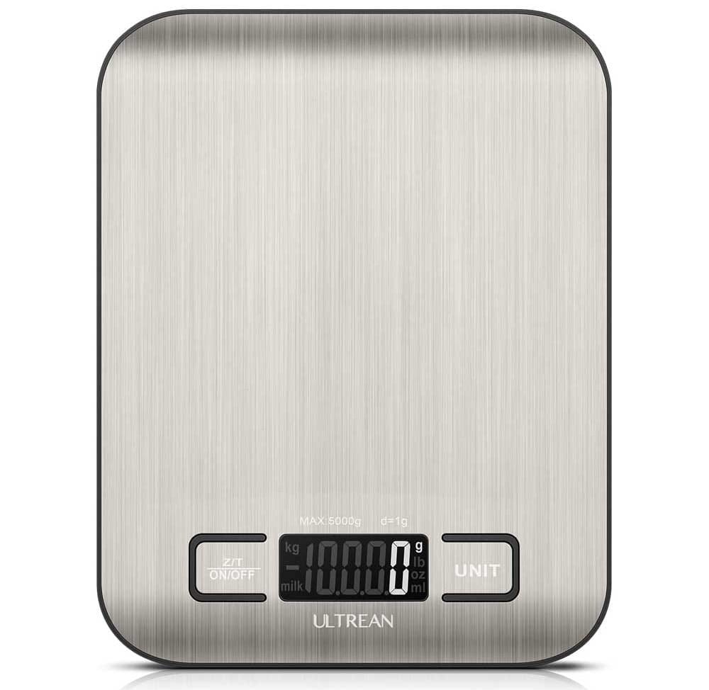 Sleek stainless steel digital kitchen food scale with backlit display — great cooking gift for moms who love precision