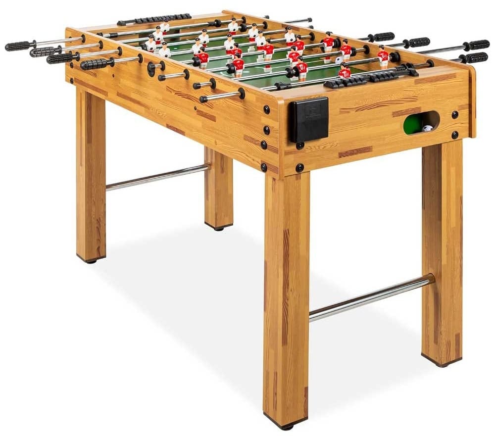 Competition-sized 48-inch foosball table with ergonomic handles, chrome steel rods, and built-in cupholders — fun gift for husbands and game rooms
