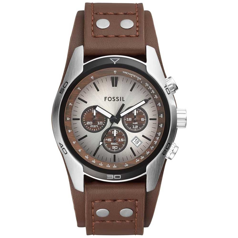 Stylish Fossil Coachman watch for men with tan dial, leather cuff strap, chronograph display, and wood accents — sporty and timeless birthday gift