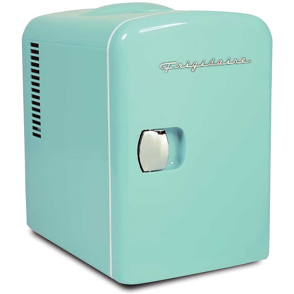 Compact Frigidaire mini fridge in pastel color with retro design — perfect for storing drinks, snacks, or skincare in a teen girl’s bedroom