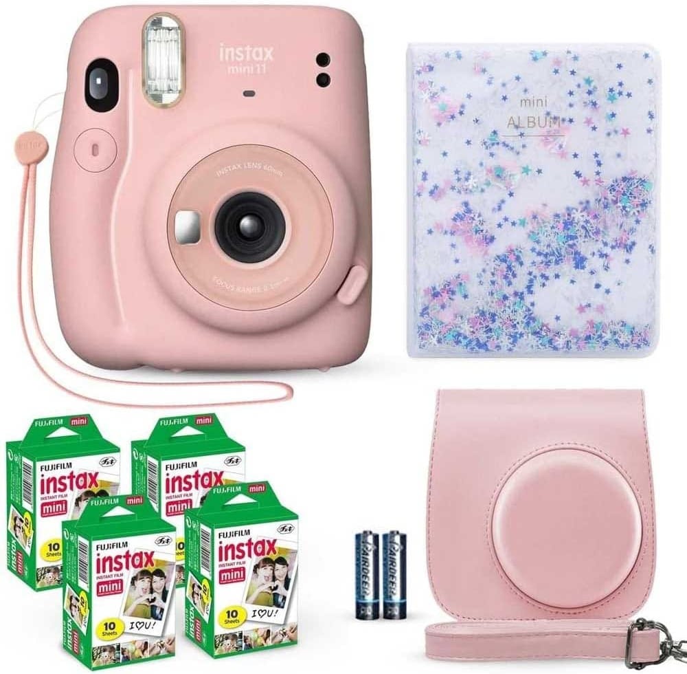 Fujifilm Instax Mini 11 instant camera bundle with film, case, strap, and photo album — fun instant photo gift for teen girls