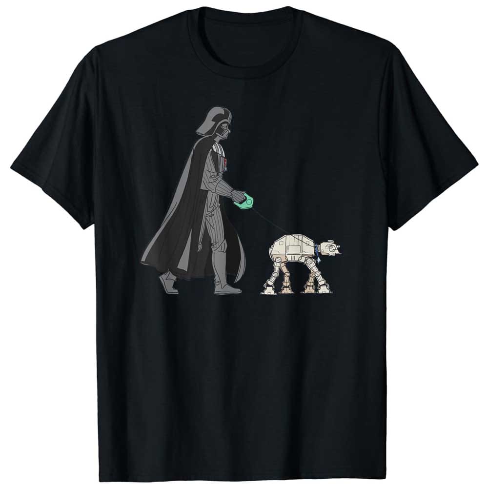 Star Wars t-shirt with Darth Vader walking a mini AT-AT on a leash — a fun and geeky gift for dog walkers and Star Wars fans