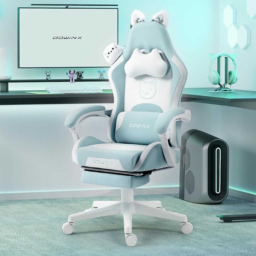 Gaming chair with cat ears, plush cushions, reclining backrest, and massage support — fun and functional seating for teen girls