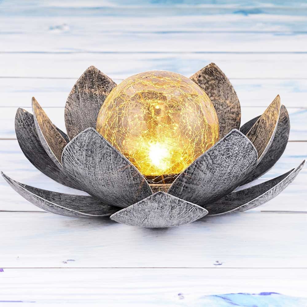 Crackle glass solar garden light with lotus flower metal base — warm white LED, waterproof, and solar-powered for outdoor ambiance