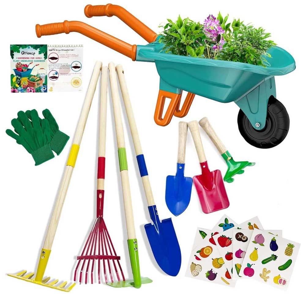 Colorful toddler gardening tool set with wooden handles, wheelbarrow, gloves, and watering can — outdoor play kit for hands-on garden fun