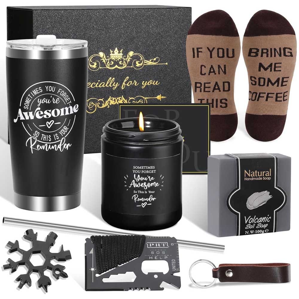 Men’s gift box with stainless steel tumbler, candle, socks, keychain, soap, multifunctional tools, and mug — thoughtful and practical set