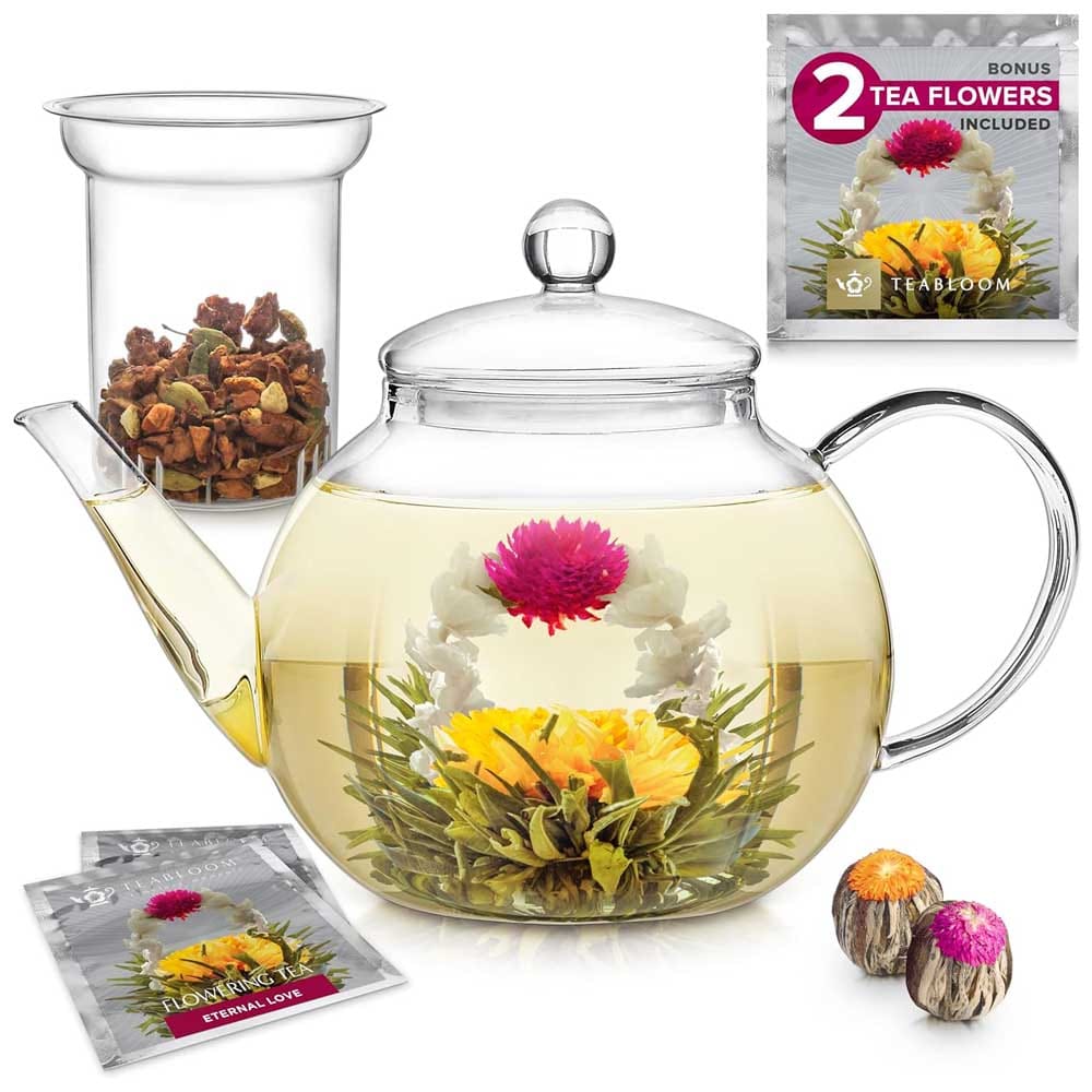 Clear glass teapot with blooming tea — elegant birthday gift for mom