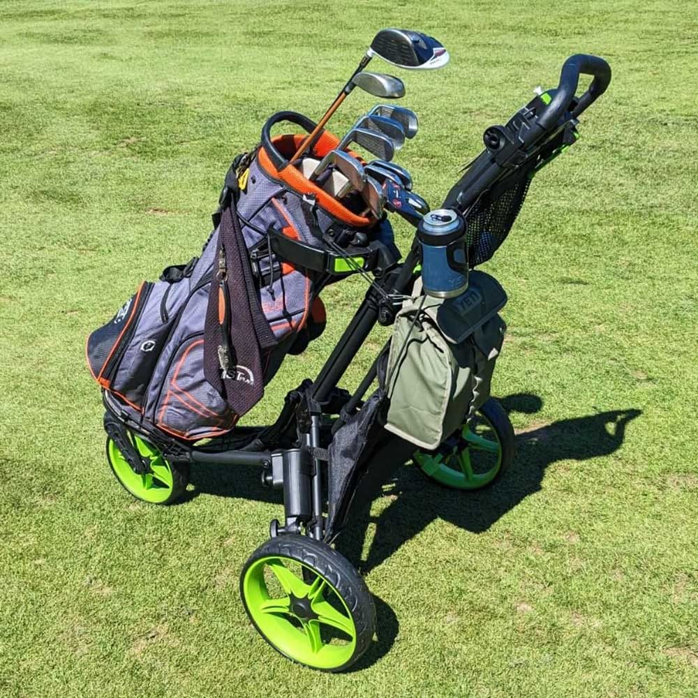 Lightweight quad-fold golf push cart with wide base and ergonomic handle — a practical gift for golf-loving grandpas who enjoy the course without the heavy lifting