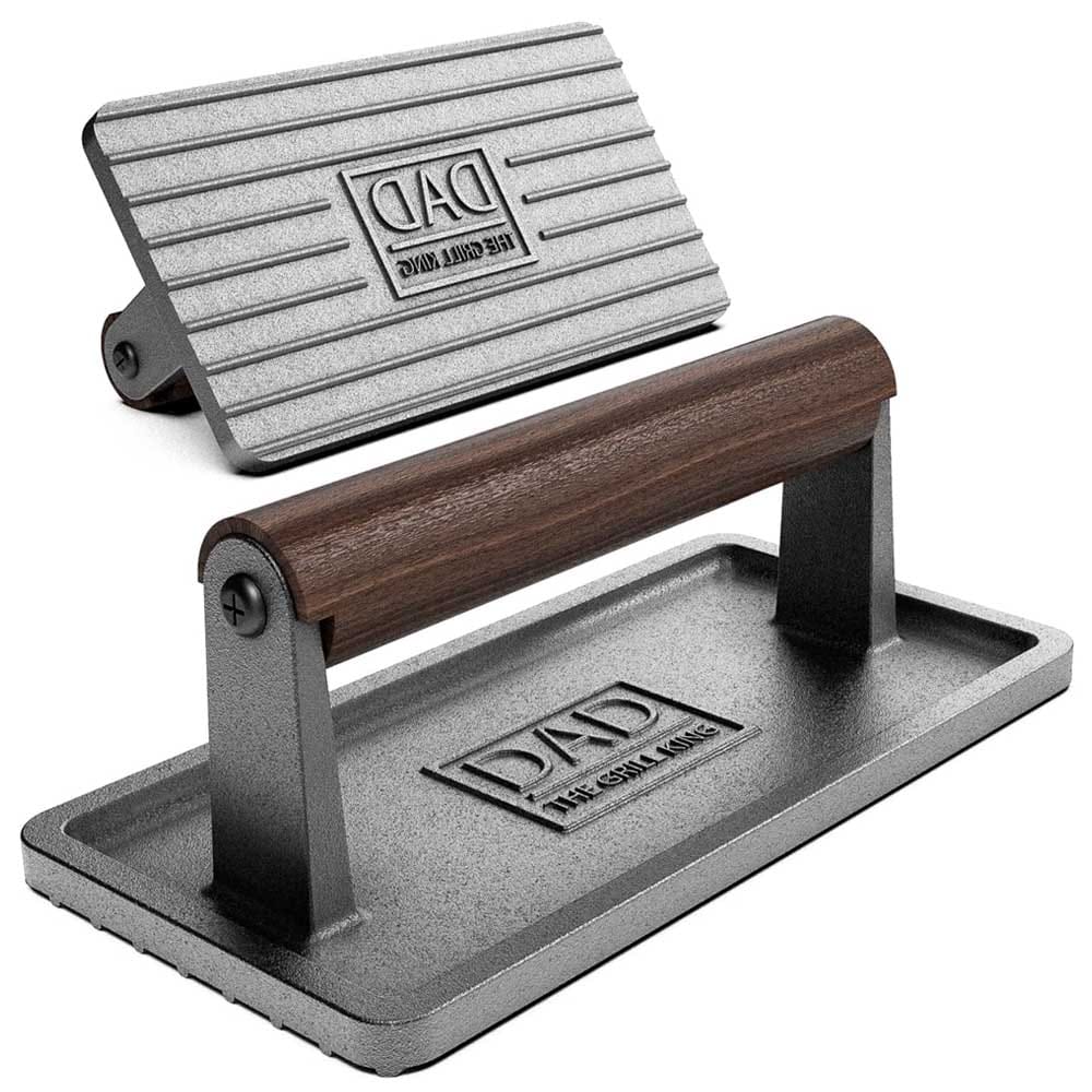 Cast iron grill press with wooden handle and ridged base — perfect for smash burgers, bacon, steaks, and BBQ gifts