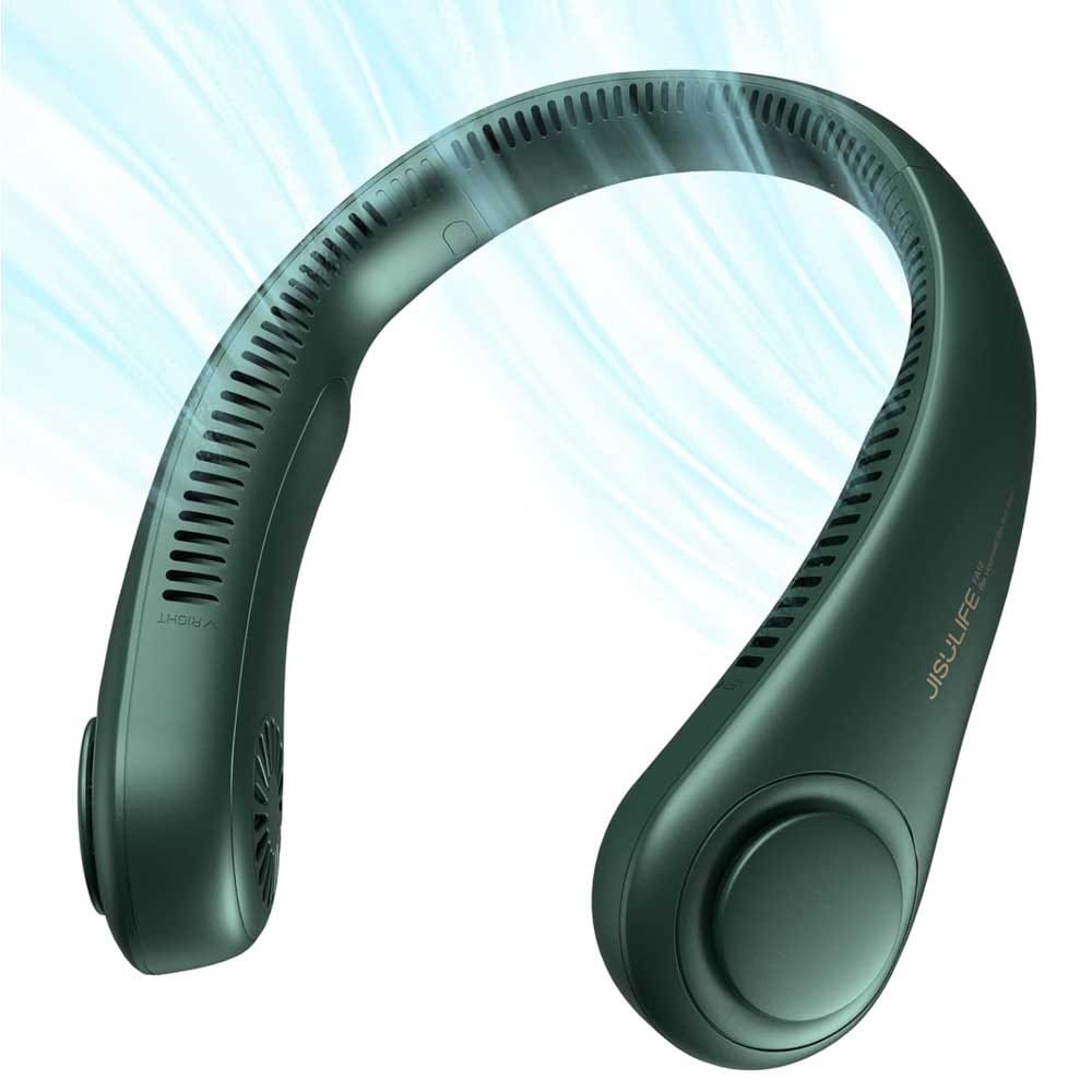 Bladeless wearable neck fan in white with air vents and flexible design — ideal gift for dog walkers on hot summer days