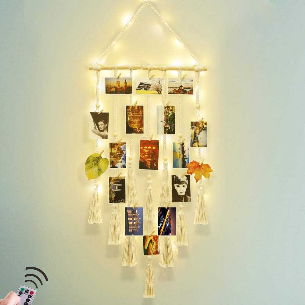 Boho-style hanging macrame photo display with LED string lights and clips — stylish wall décor for teen girls to showcase photos and memories