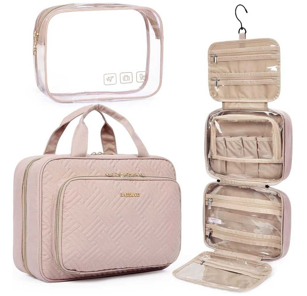 Compact hanging toiletry and makeup organizer with clear compartments — ideal travel gift for busy moms