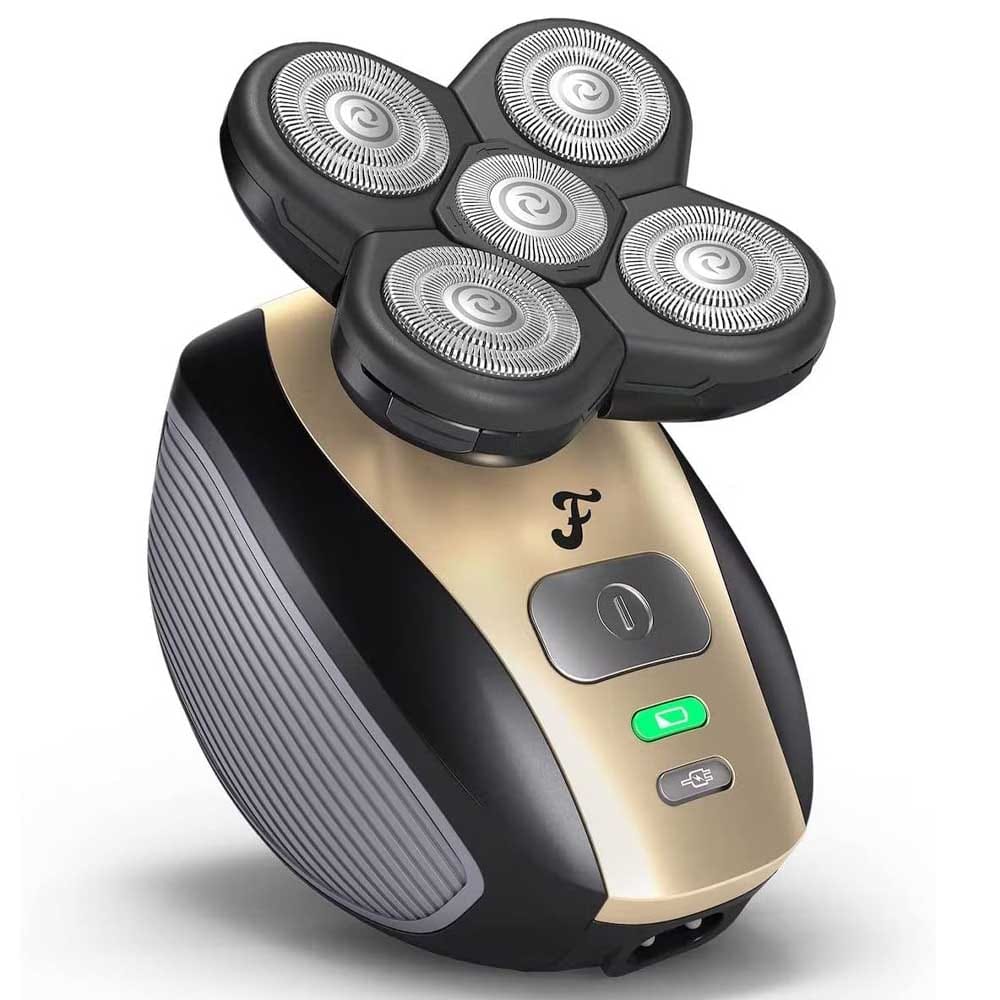 Electric head shaver with five rotary blades, anti-bump technology, grooming kit attachments, and waterproof design — perfect gift for bald or clean-cut husbands