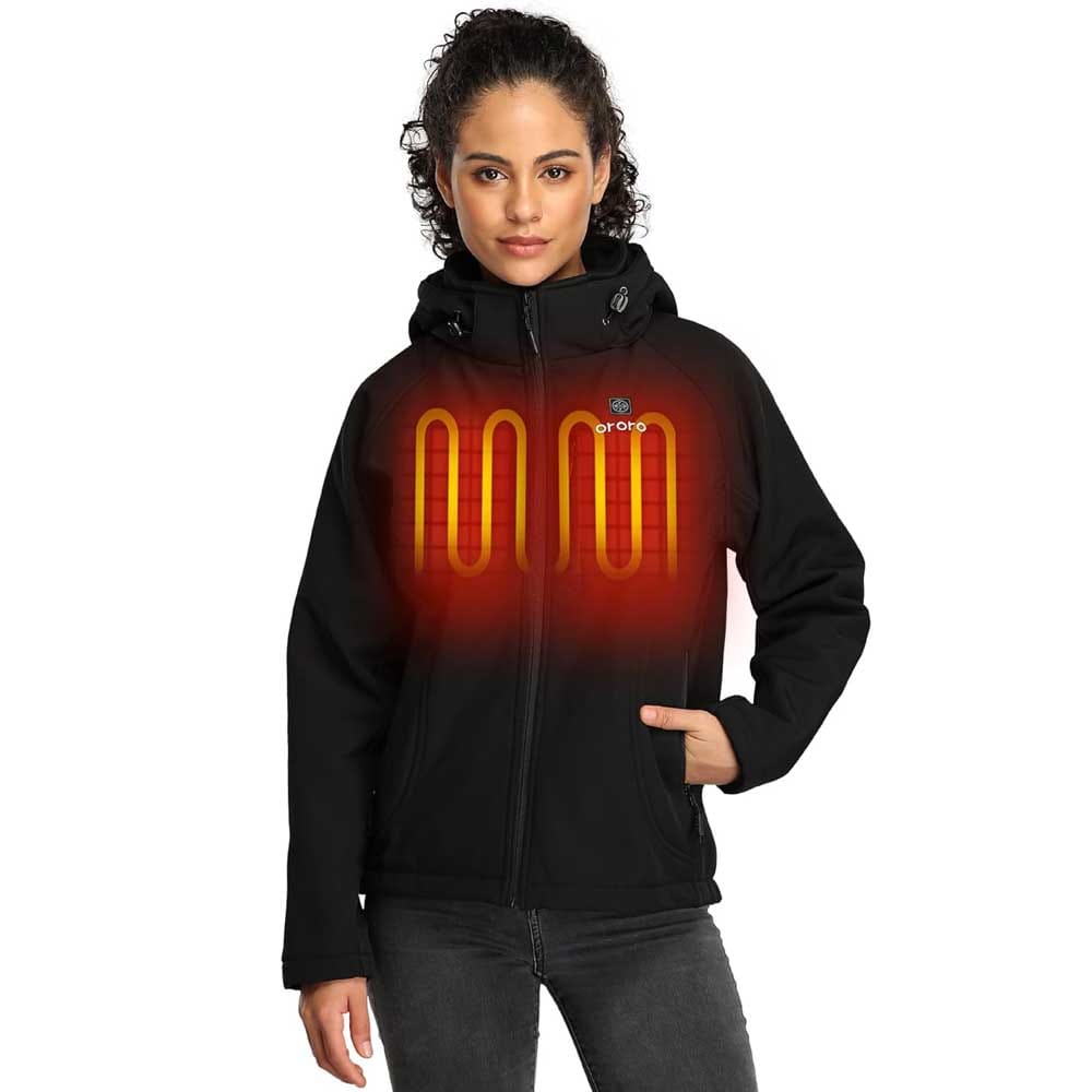 Slim fit heated jacket with battery pack and detachable hood — stylish and warm gift for moms who feel the cold