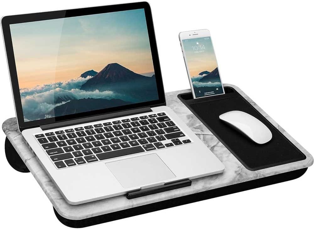 White marble-style lap desk with phone slot, mouse pad, and dual cushion base — portable and comfy workspace for teen girls