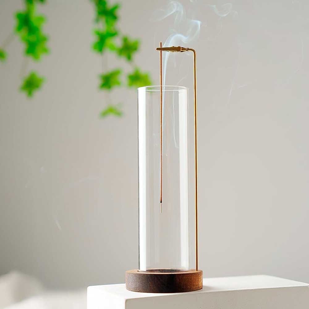 Elegant wood incense holder with ash-catching glass dome and metal alligator clip — a calming, mess-free gift for girlfriends who love peaceful vibes