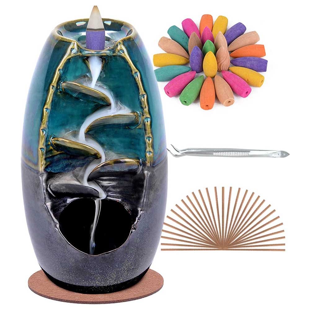 Handcrafted ceramic incense burner with cascading waterfall smoke effect and 120 incense cones — soothing home décor gift for relaxation