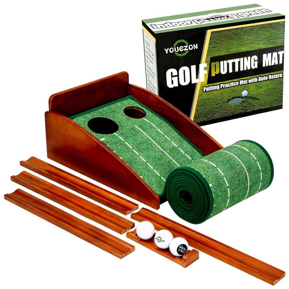 Indoor golf putting mat with wooden return system — a relaxing and fun gift for golf-loving grandpas who want to sharpen their short game at home