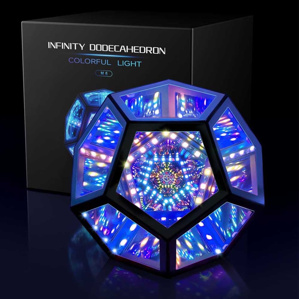Geometric dodecahedron infinity mirror lamp — multicolor LED light show with sound-reactive visuals for gaming or decor