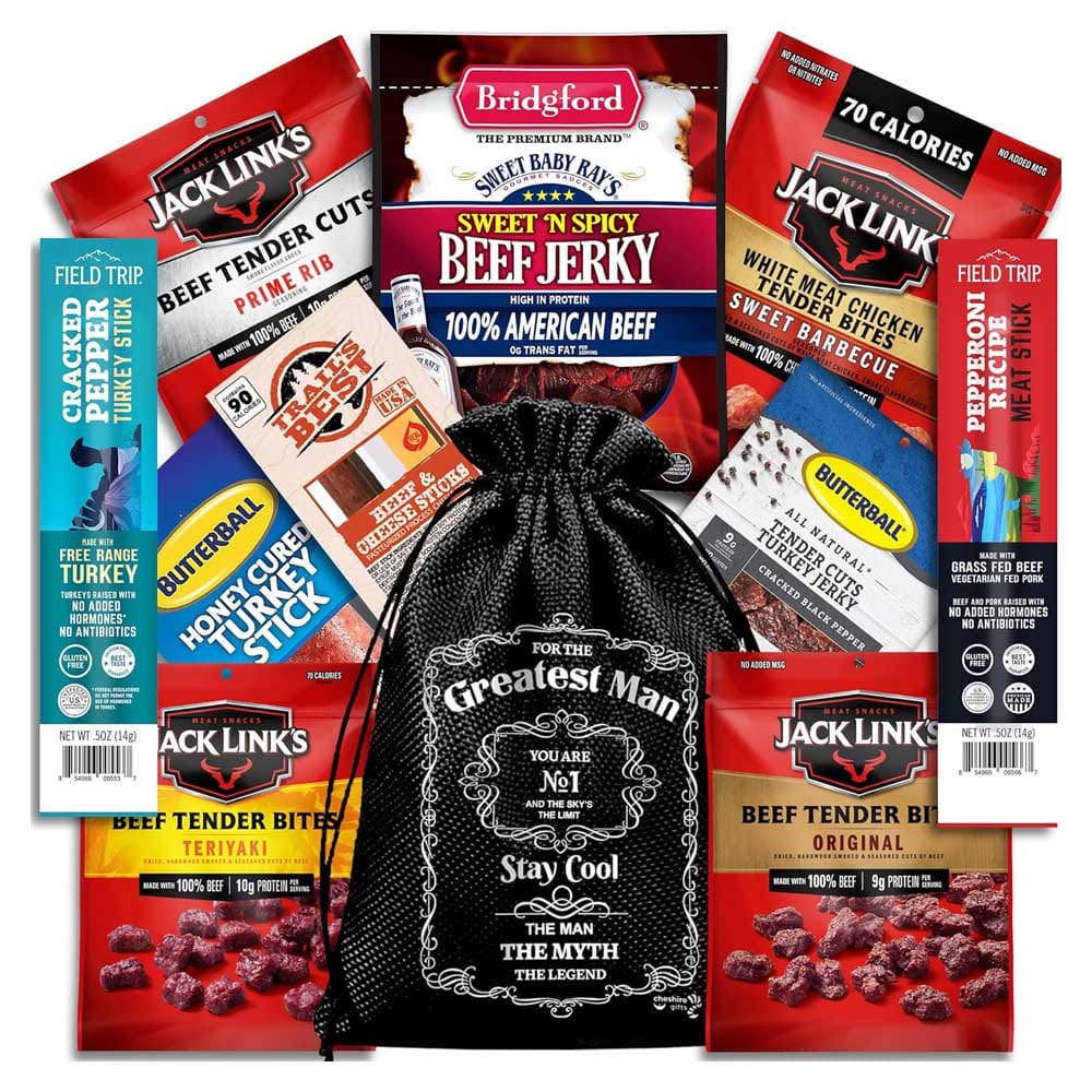 Gourmet beef jerky gift basket with assorted meat snacks in a rustic jute bag — ideal anniversary gift for meat lovers