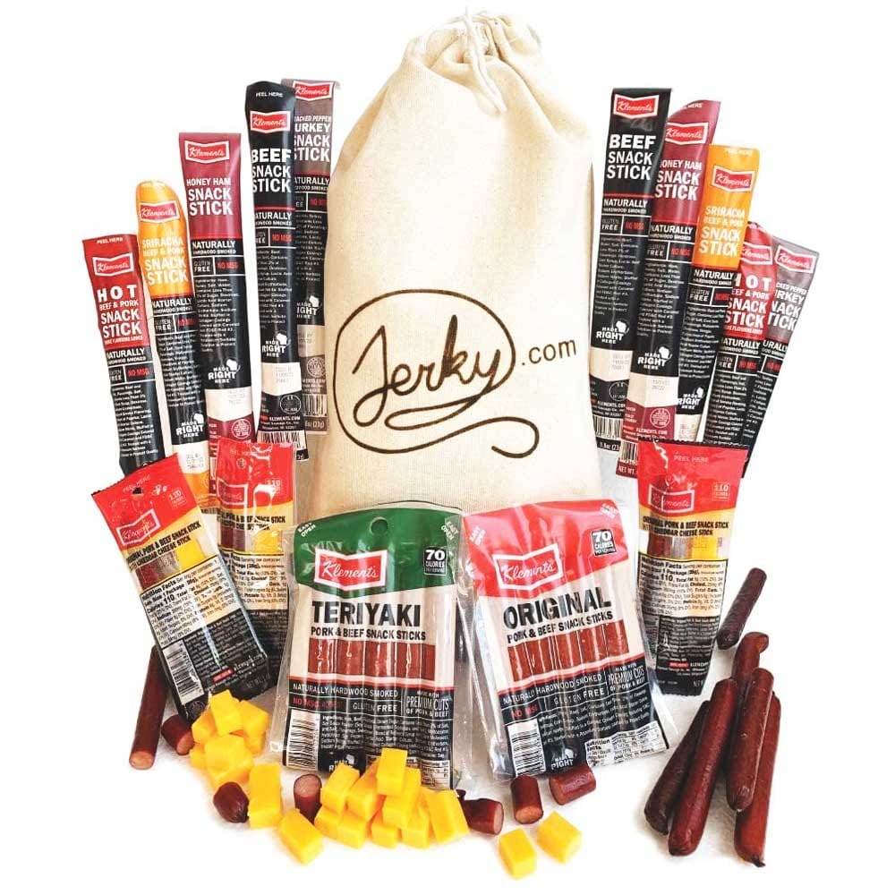Jerky gift basket for men with 26 assorted meat and cheese sticks in a canvas bag — flavorful, protein-packed snack set