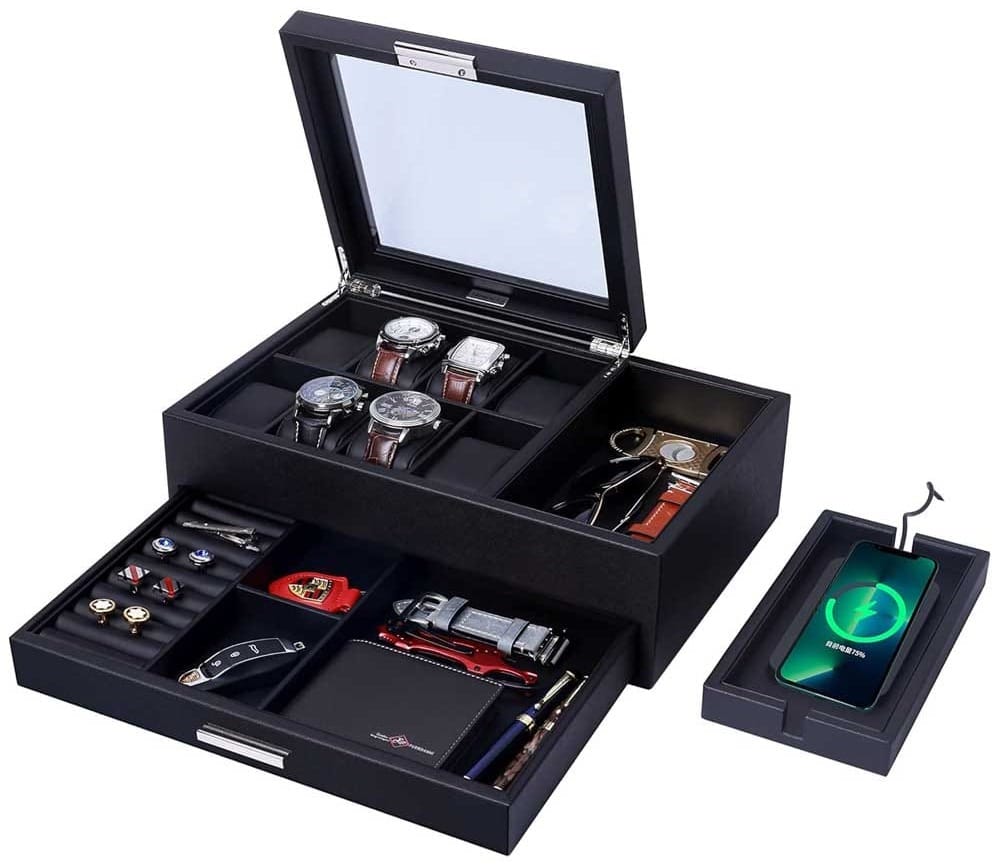 Men’s valet tray with glass lid, watch slots, charging station, and drawer — elegant organizer for watches, keys, sunglasses, and accessories